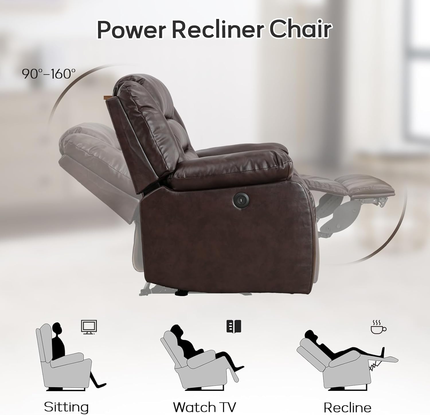 Faux Leather Power Recliner Sofa Set, Electric Recliner Chair, Loveseat Reclining Sofa and 3 Seat Recliner Sofa, Couch Set for Living Room, Bedroom Furniture, Meeting Room, Brown-3