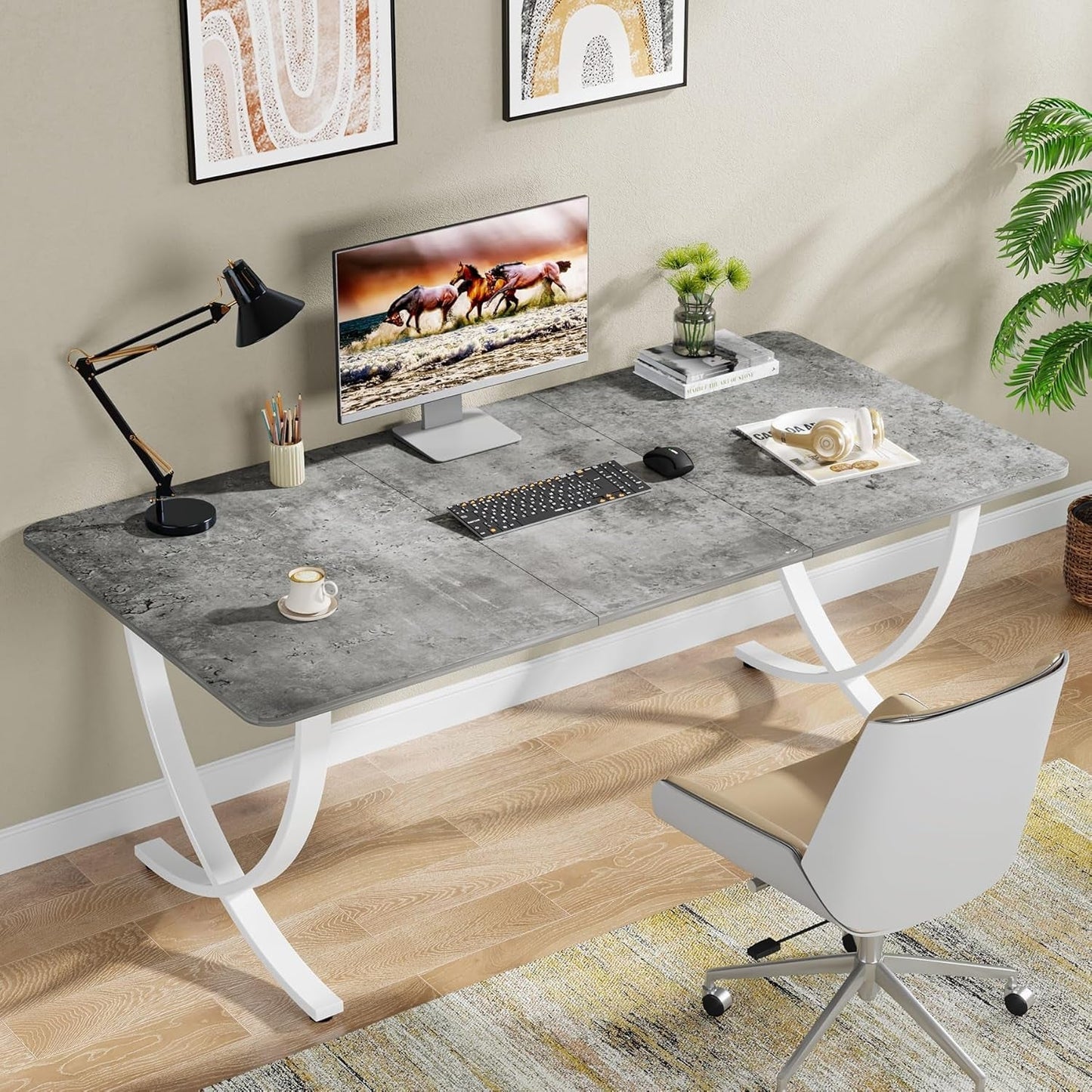 Executive Desk, 63” W X 31.5” D Large Office Desk, Modern Computer Desk Conference Table Meeting Room Table, Business Furniture for Home Office, Gray and White-2