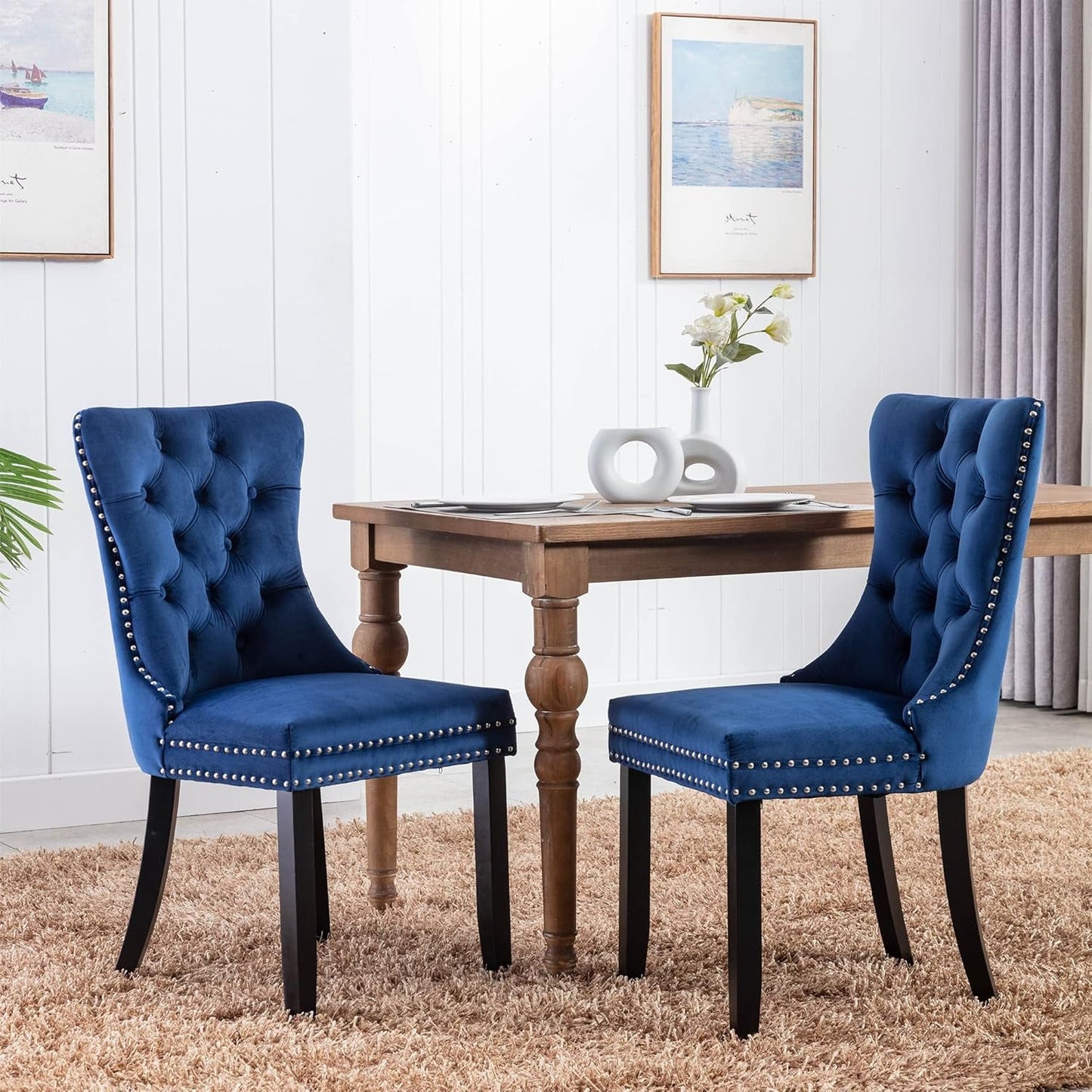 Tufted Dining Chairs Set of 4, Velvet Upholstered Dining Chairs with Nailhead Back and Ring Pull Trim, Solid Wood Dining Chairs for Kitchen/Bedroom/Dining Room (Blue)-1