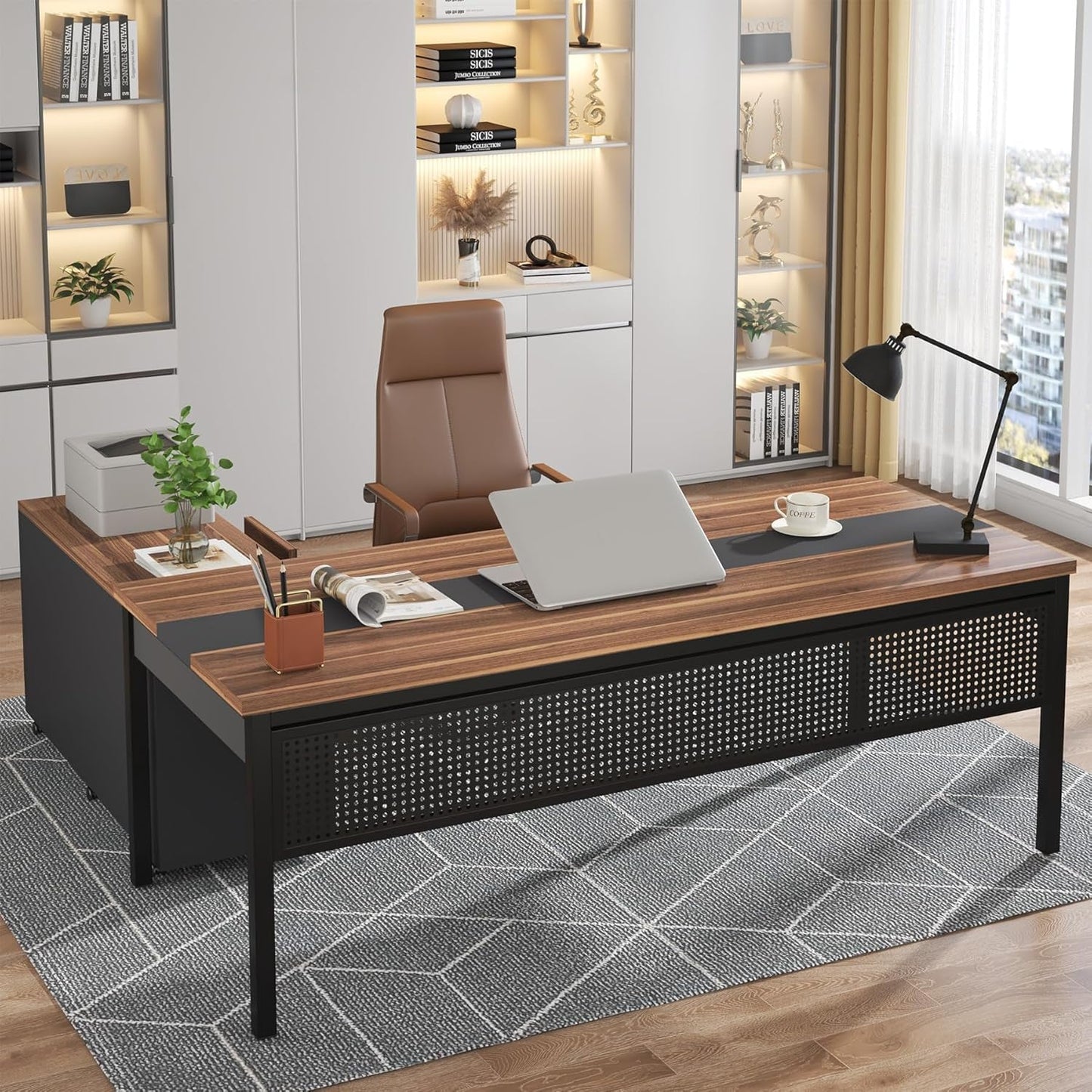 70.8" Large Executive Office Desk and 47" Lateral File Cabinet Combo, L-Shaped Computer Desk 2 Piece Business Furniture with Drawers and Shelves, Home Office Workstation, Walnut-0