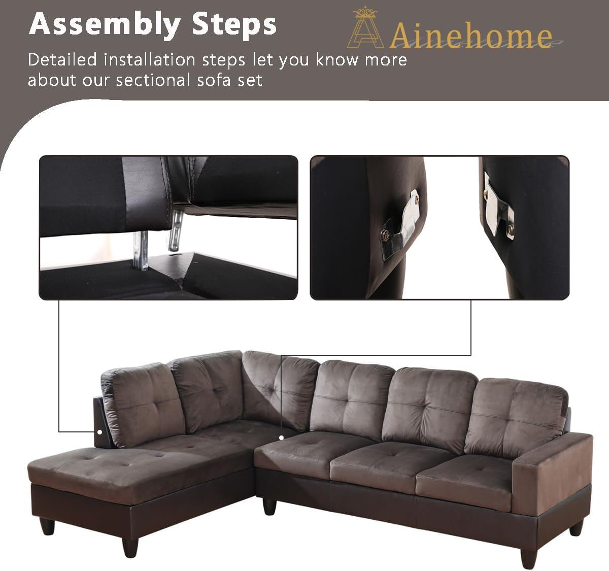 2 Pieces Sectional Sofa Sets, L-Shape Sofa Microfiber Couch Living Room Sofa Set with Chaise Using for Living Room Furniture(A-Brown, Left Hand Facing)-4