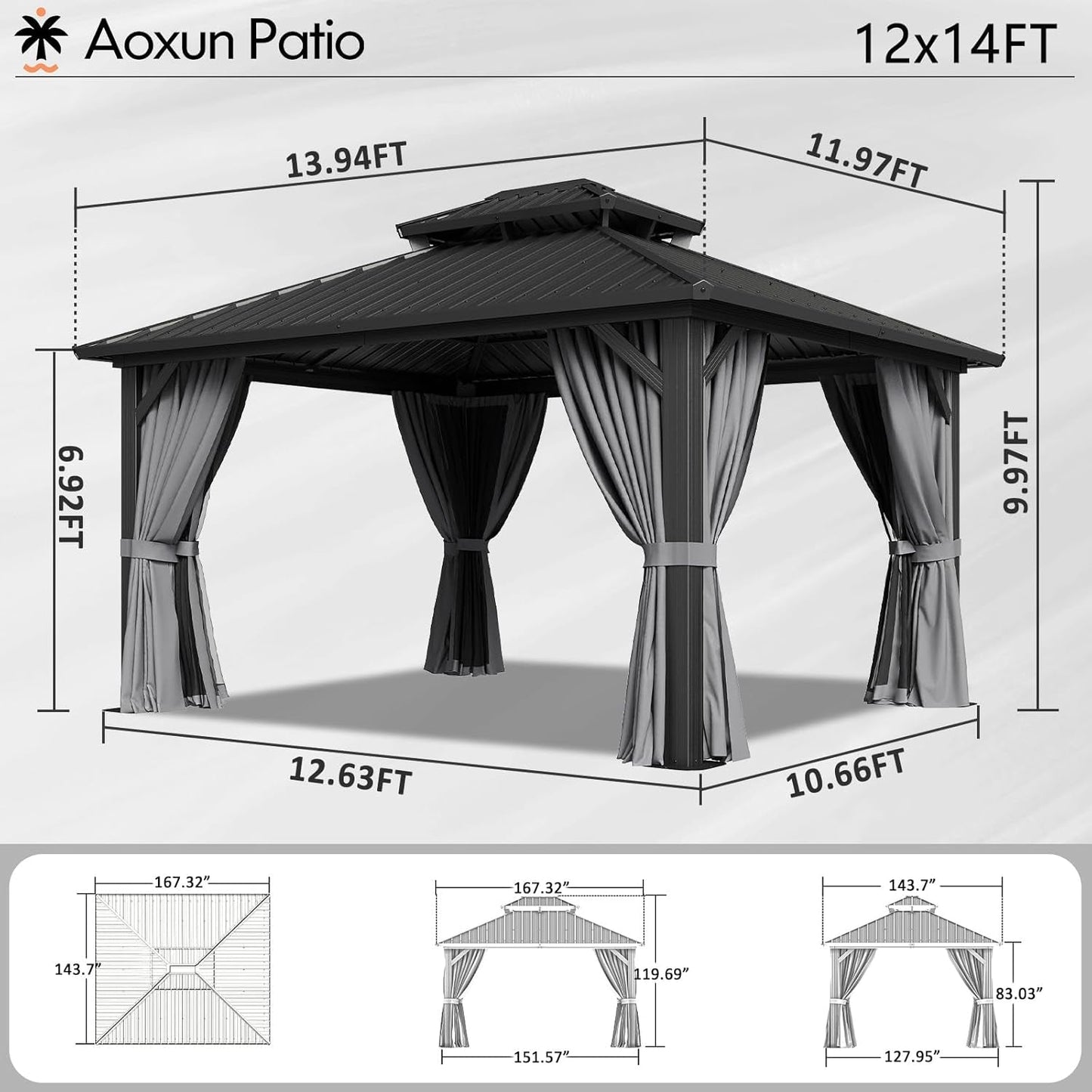 12x14 Hardtop Gazebo Aluminum Frame Steel Roof-2