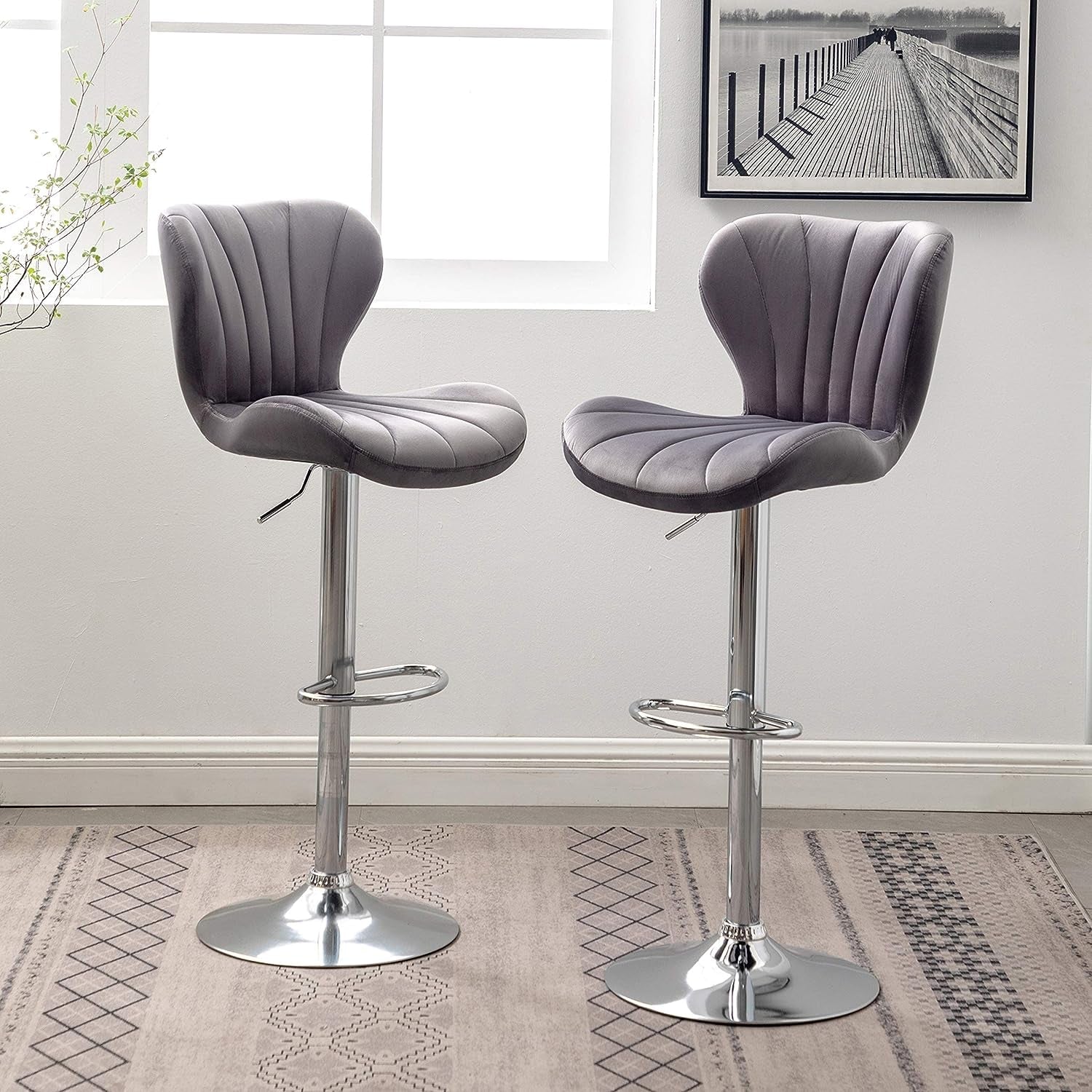 Ellston Velvet Adjustable Swivel Barstools in Gray, Set of 2, Grey-0