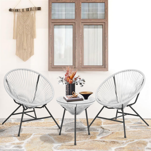 Acapulco Patio Bistro Set 3-Piece Outdoor Furniture Set All-Weather Woven Rope Patio Conversation Set with Glass Top Table and 2 Chairs (White)-1