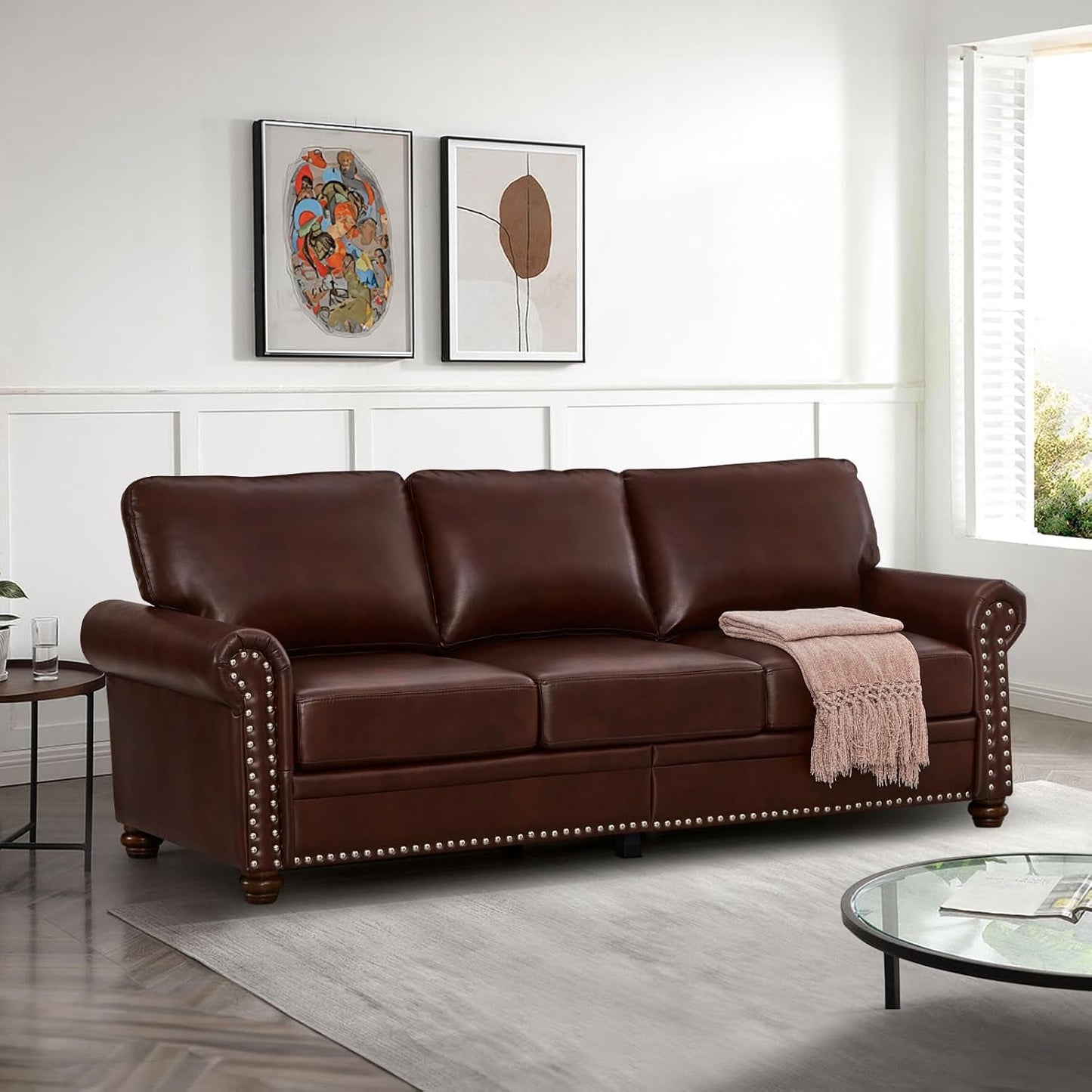 2-Piece Comfy Upholstered PU Leather Sofa Couch Set, Mid-Century Modern Loveseat Sofa+3 Seater Couch with Storage Space for Living Room, Furniture Set, Red Brown-2