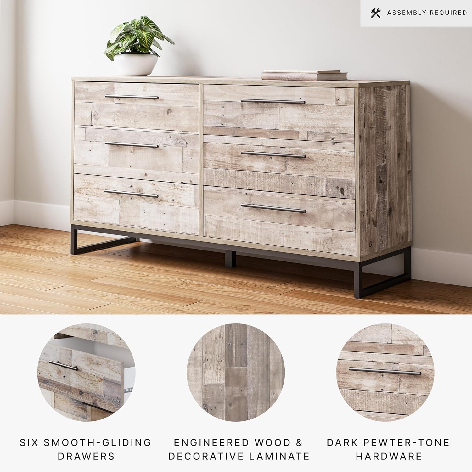Neilsville Industrial 6 Drawer Dresser, Butcher Block Gray-3