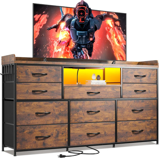 Dresser for Bedroom with 11 Drawers for 60" TV Stand for Bedroom with LED Lights & Charging Station Long Dresser with Shelves & 4 Hooks Sturdy Metal Frame & Fabric Drawers (Rustic Brown)-0