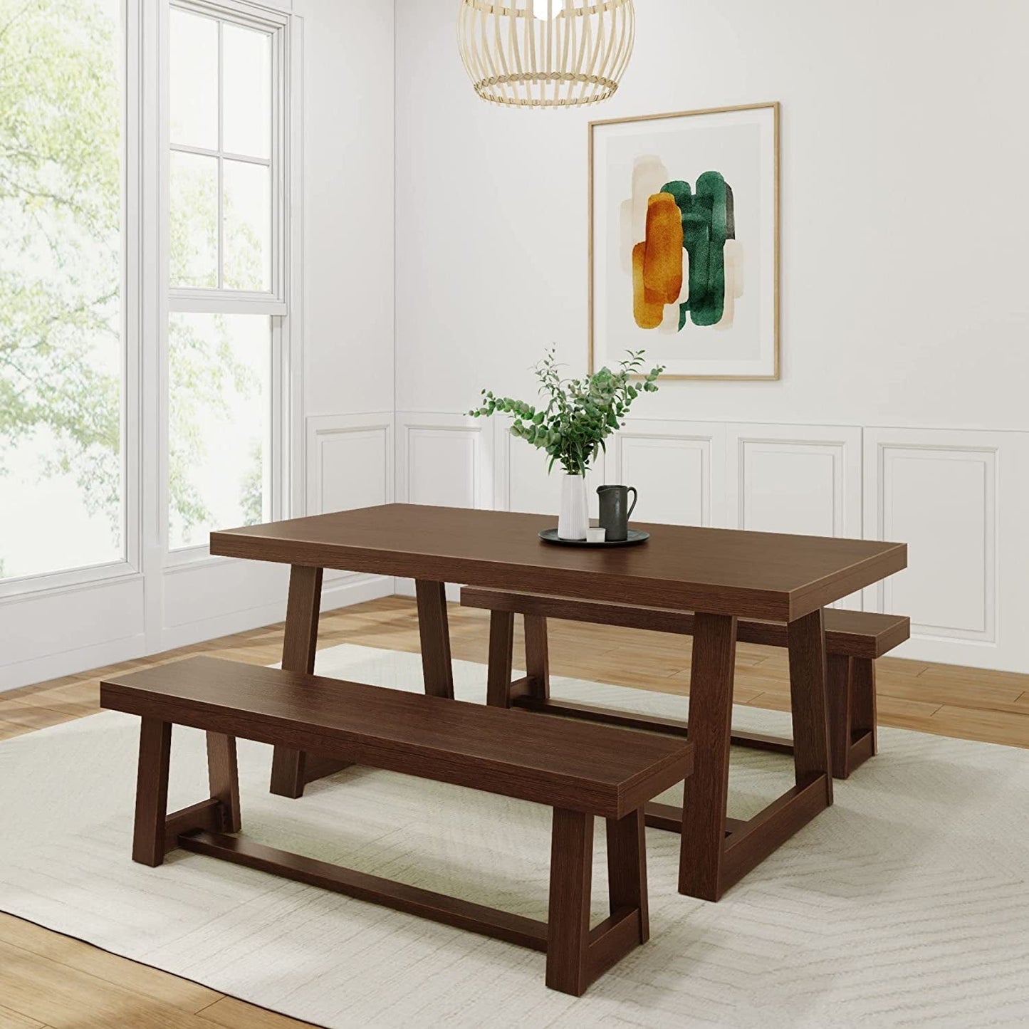 Farmhouse Solid Wood Dining Table Set with 2 Benches, Walnut-1