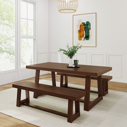 Farmhouse Solid Wood Dining Table Set with 2 Benches, Walnut-1