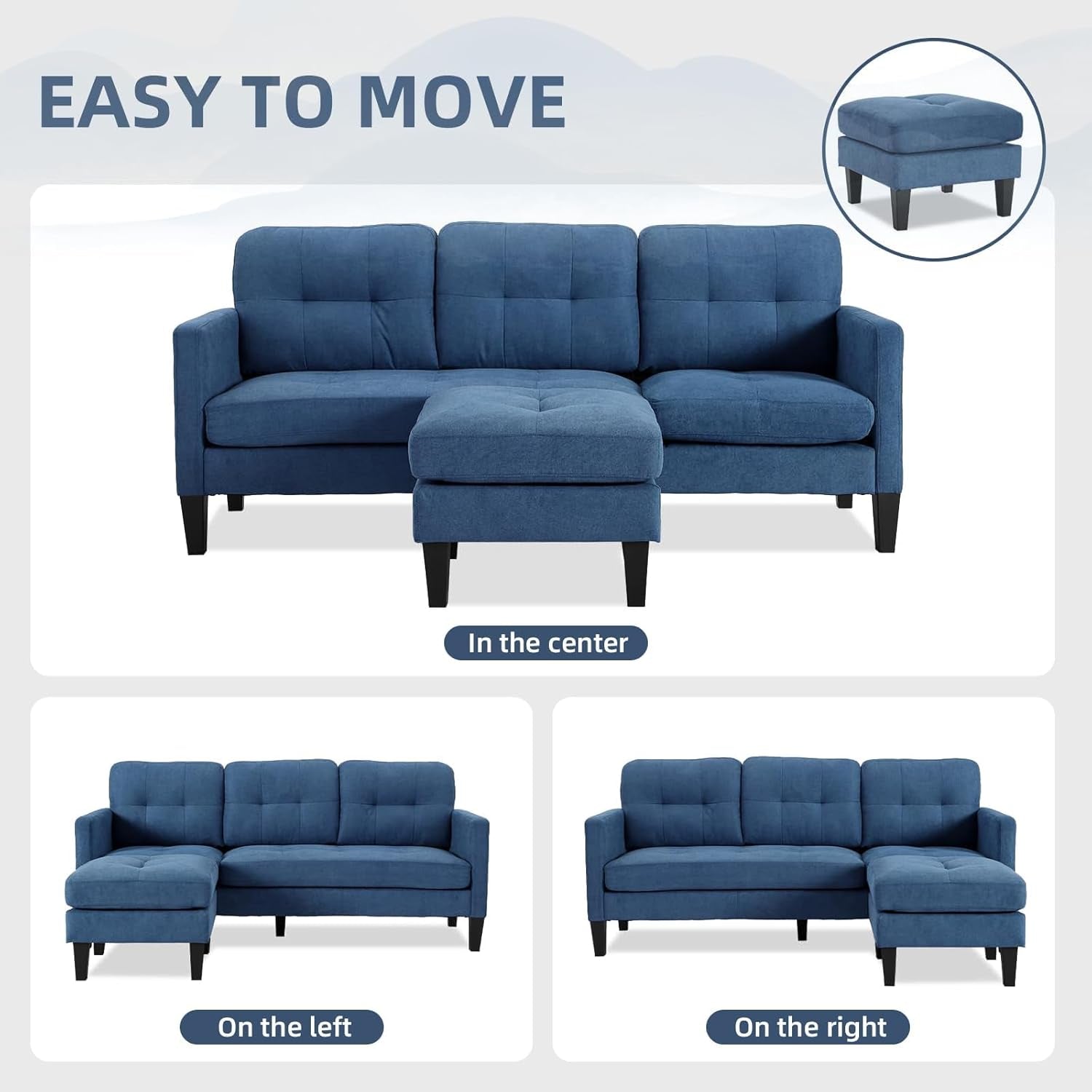 Small L Shaped Couch - Sectional Sofa Convertible Sofa Small Sectional Couch with Reversible Chaise, L Shape Sectional Sleeper Sofa for Apartment Living Room, Blue-3