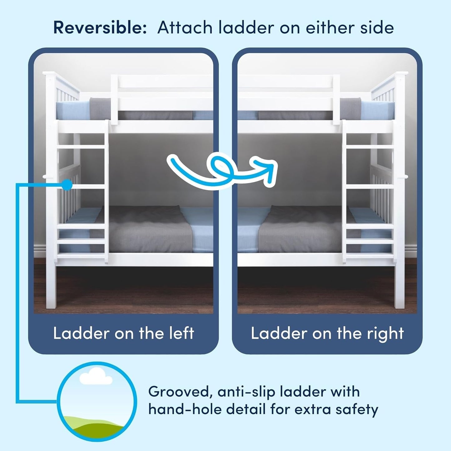 Bunk Bed Twin over Twin, Solid Wood Bunk Bed Frame with Ladder for Kids, 14" Safety Guardrails, Easy Assembly, No Box Spring Needed, White-3