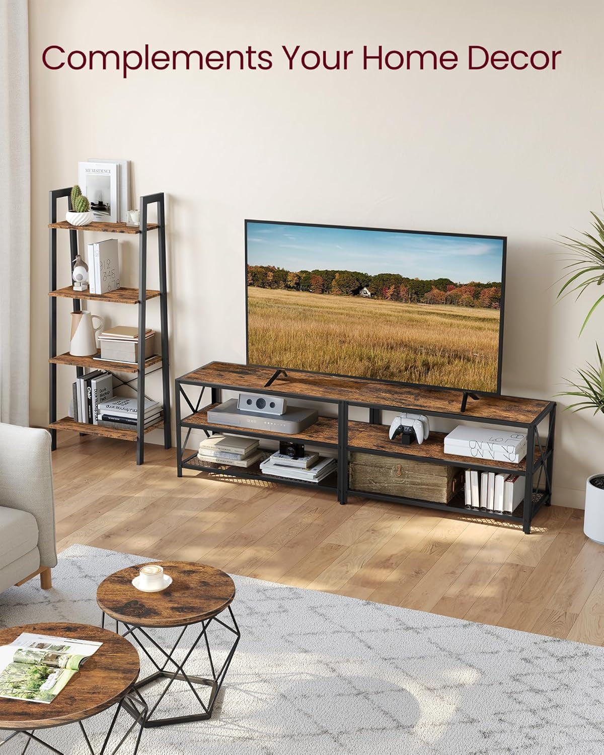 TV Stand, TV Console for Tvs up to 75 Inches, TV Table, 70.1 Inches Width, TV Cabinet with Storage Shelves, Steel Frame, for Living Room, Bedroom, Rustic Brown and Black ULTV096B01V1-3