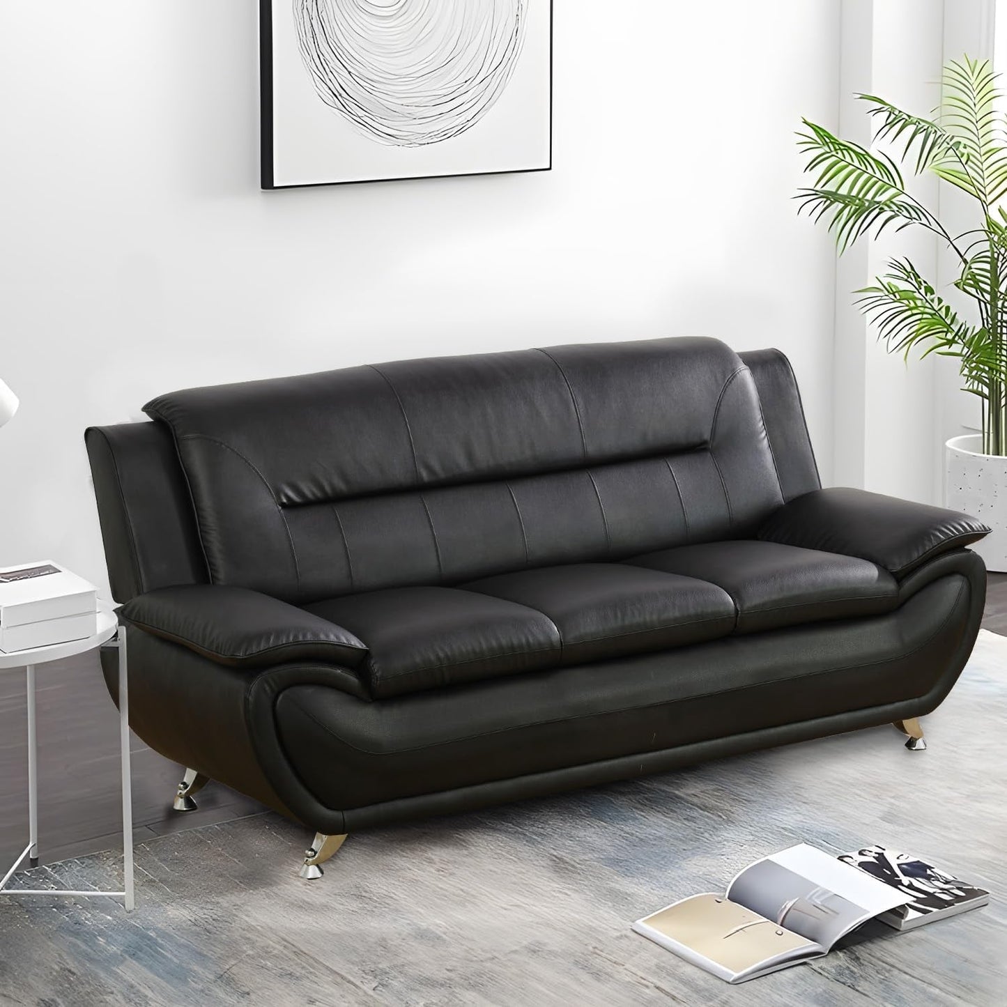 Black Faux Leather Sofa Loveseat Set Living Room-2