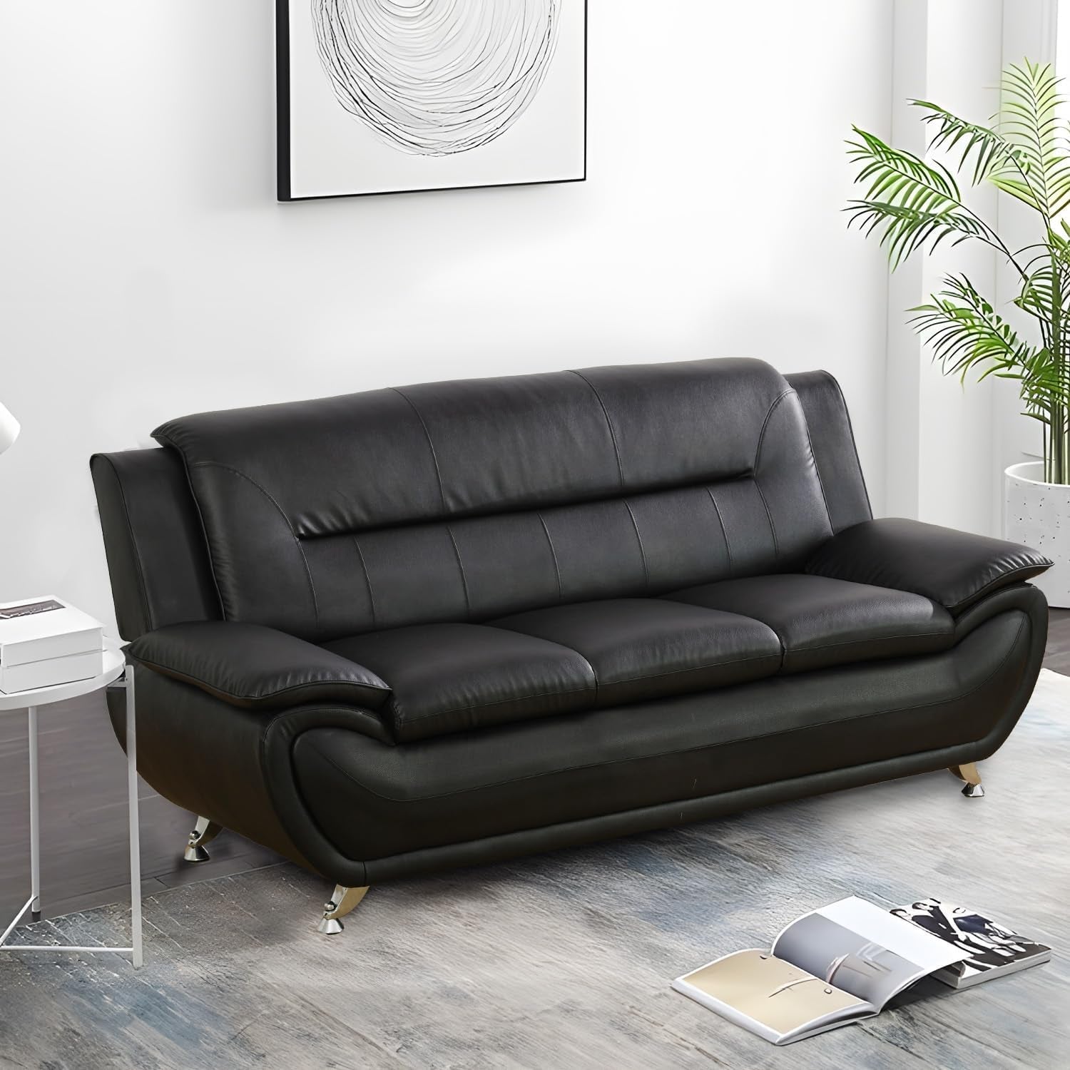 Black Faux Leather Sofa Loveseat Set Living Room-2