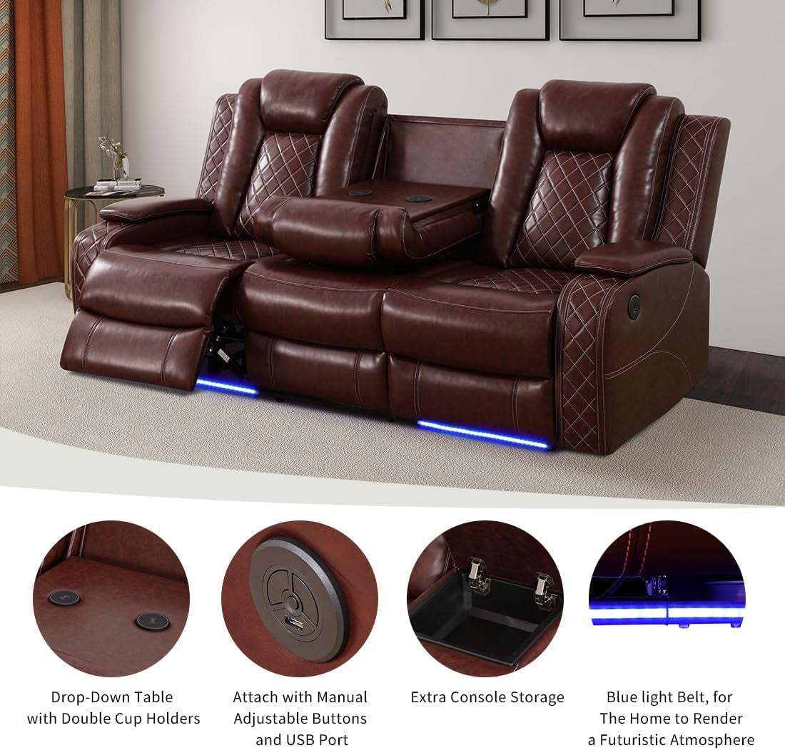 Living Room Furniture Set Brown Breathing Reclining Leather Sofa Living Room Power Recliner Adjustable Manual Sofa with UPS Ports/Led Light/Wireless Charger for Living Room, Office, Rv Car-2