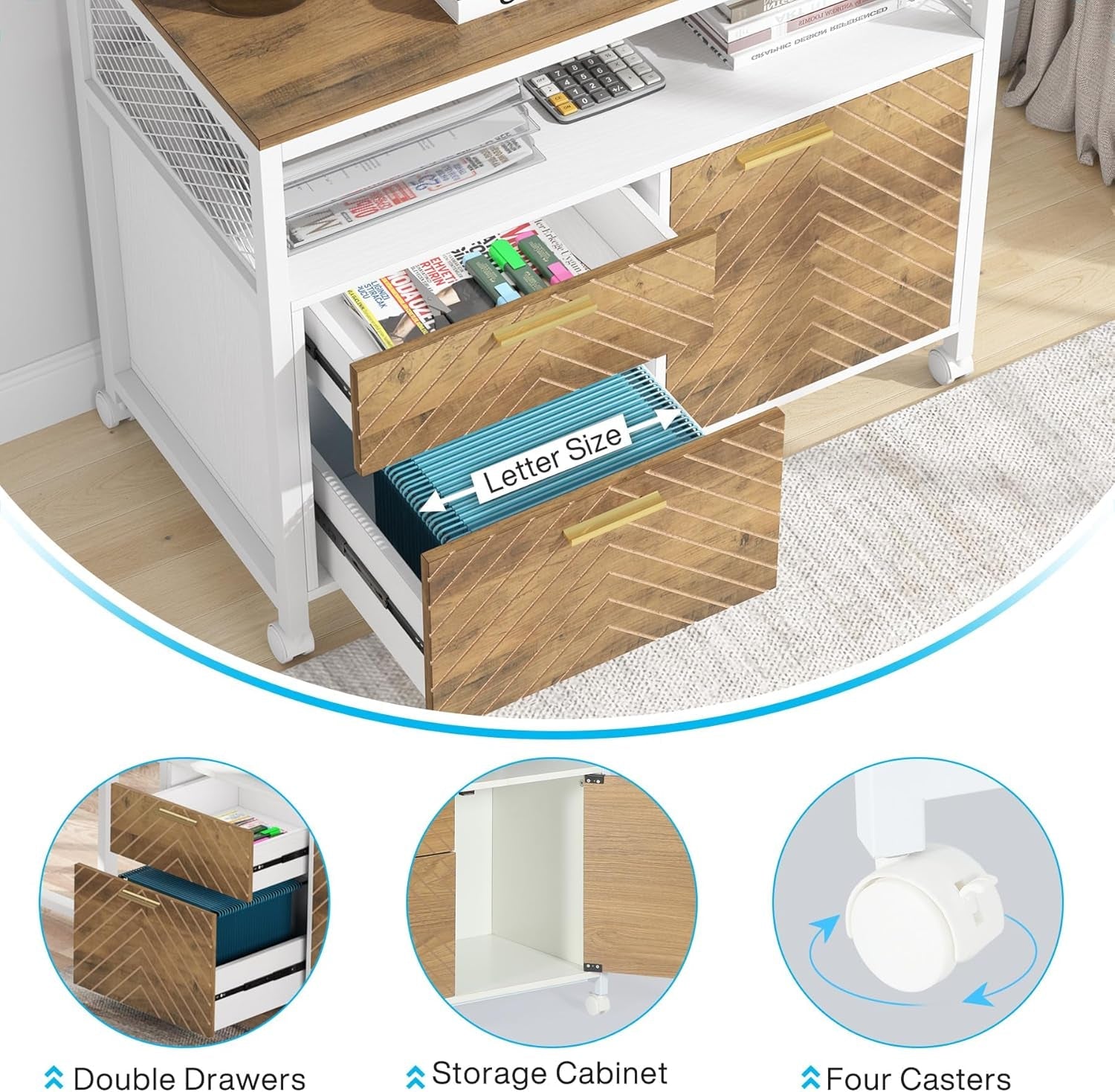 Modern File Cabinet with Drawers for Letter-Sized File and Door, Lateral Filing Cabinet Printer Stand with Storage Shelves and with Rolling Caster for Home Office-2