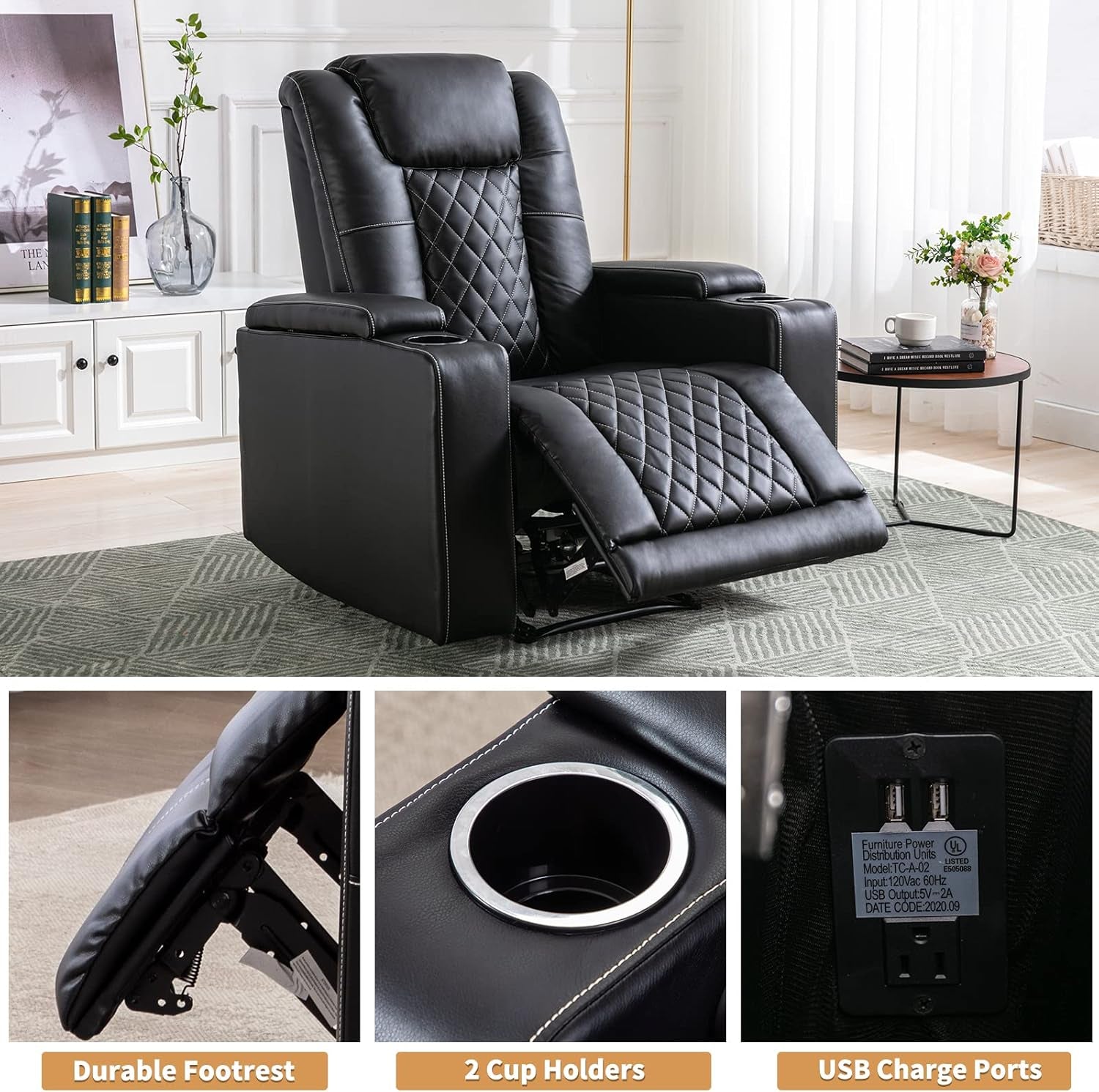 Electric Power Recliner Chair Soft Leather Reclining with USB Ports and Cup Holders, Black Home Theater Seating with Hidden Arm Storage Movie & Media Room Chairs-3