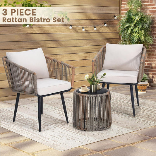 3 Piece Patio Rattan Bistro Conversation Set, Outdoor All Weather Wicker Furniture Chairs and Side Table Set, Ideal for Balcony, Porch and Backyard, Beige-1