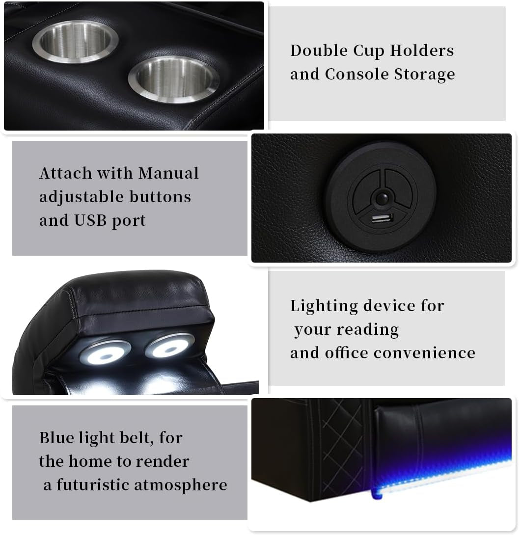 Living Room Furniture Set Black Leather Sofa Living Room Set Power Recliner Adjustable Sofa,Loveseat and Chair with Cup Holders/Storage Console/Led Light/Ups Port for Living Room, Office-4