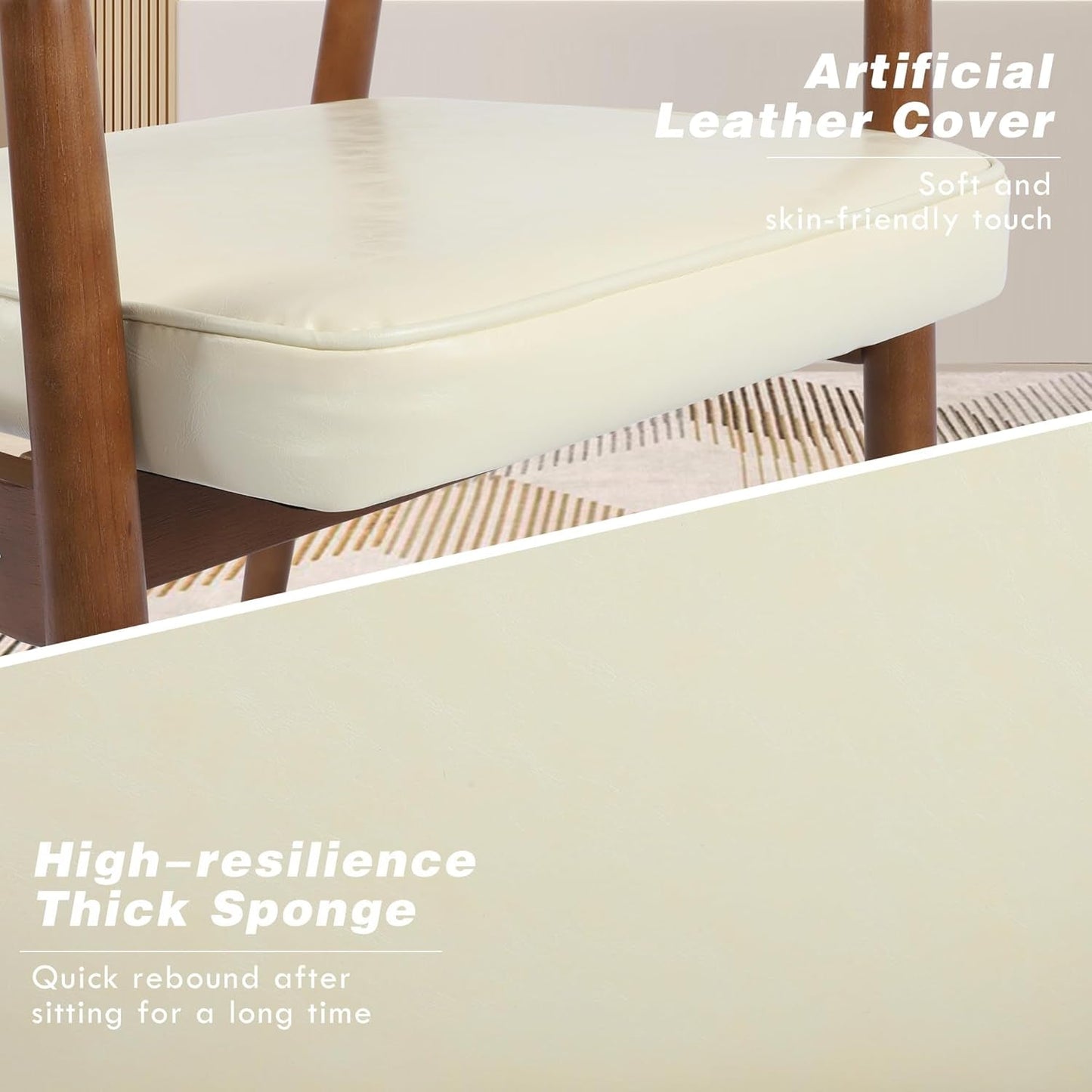 Mid Century Dining Chairs with Wooden Handrail, Beige Fabric Upholstered Faux Leather Armchair Comfy Backrest Modern Kitchen Chairs for Bedroom Living Room Dining Room, Set of 1-3