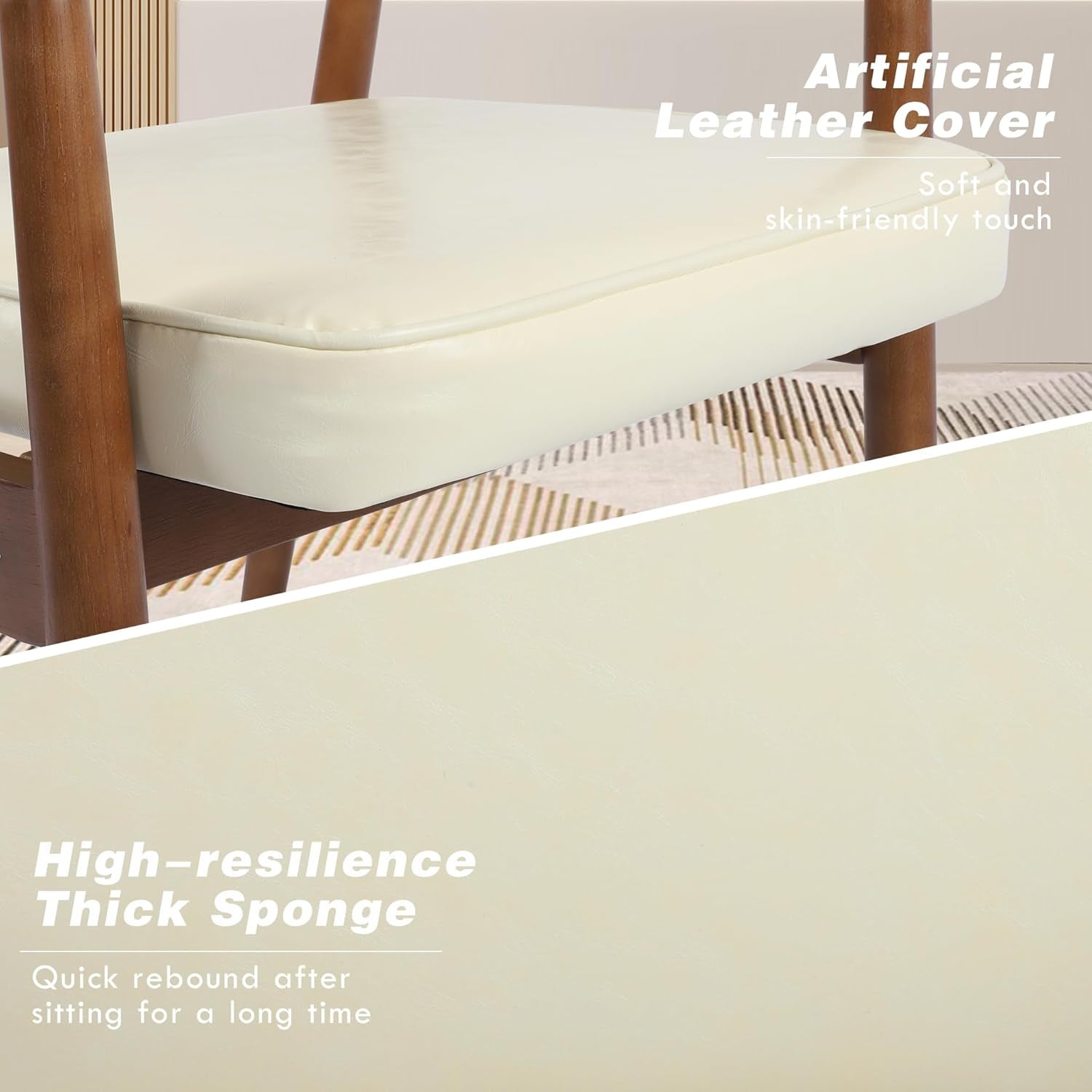 Mid Century Dining Chairs with Wooden Handrail, Beige Fabric Upholstered Faux Leather Armchair Comfy Backrest Modern Kitchen Chairs for Bedroom Living Room Dining Room, Set of 1-3