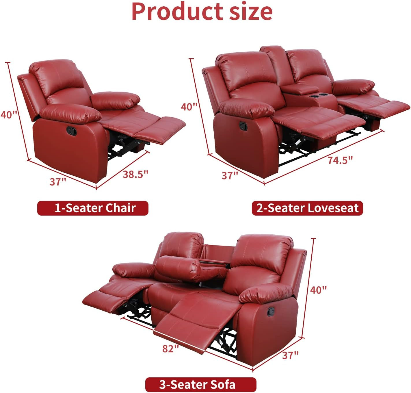 Manual Leather Recliner Sofa Set for Living Room Furniture Set,Leather Recliner Couch Set for Home/Office,Leather Reclining Sofa Set for 3-Pieces(Sofa+Loveseat+Chair) Red-1