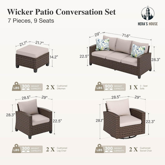 Patio Furniture Set with 56" Fire Pit Table, Swivel Rocker Chairs with Ottoman, Outdoor Wicker Conversation Set for Lawn Garden Deck Backyard, Beige-1