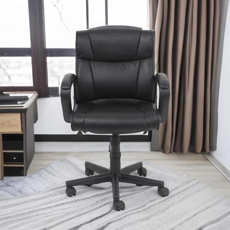 Office Computer Task Desk Chair with Padded Armrests, Mid-Back, Adjustable, 360 Swivel, Rolling, 275 Pound Capacity, BIFMA Certified, 24.2"D X 24"W X 34.8"H, Black Faux Leather-1