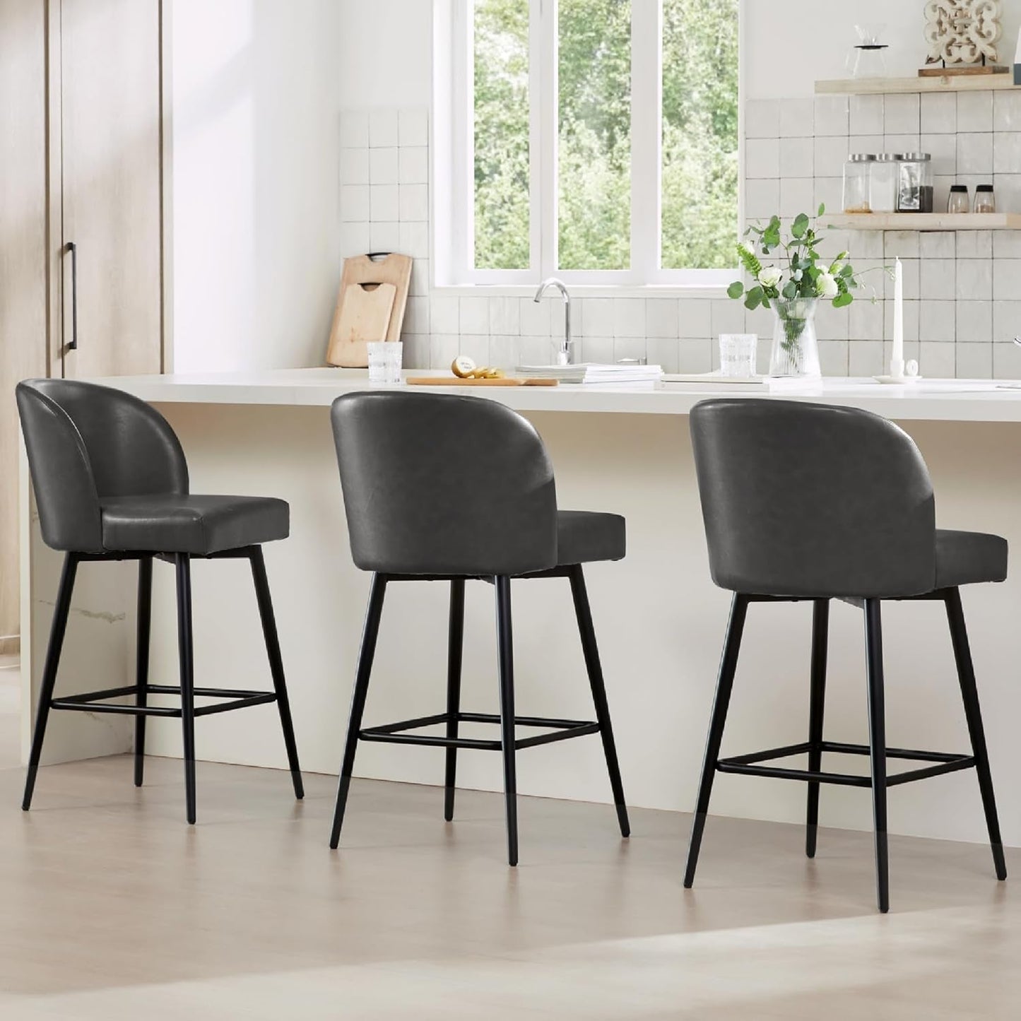 Counter Height Bar Stools Set of 3, 360° Swivel Upholstered Barstools with Backs and Metal Legs, 26" H Seat Height, Faux Leather in Grey-0