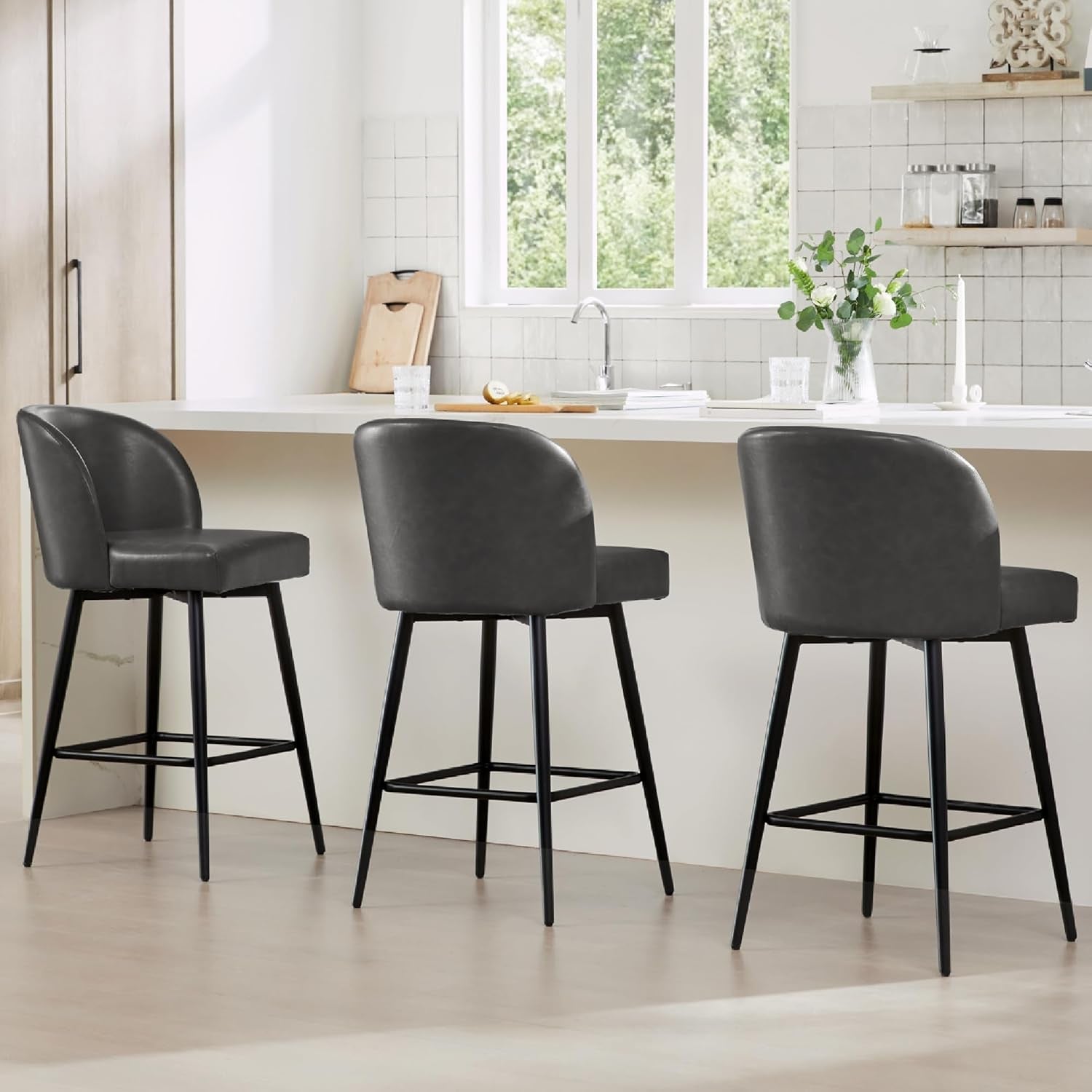 Counter Height Bar Stools Set of 3, 360° Swivel Upholstered Barstools with Backs and Metal Legs, 26" H Seat Height, Faux Leather in Grey-0