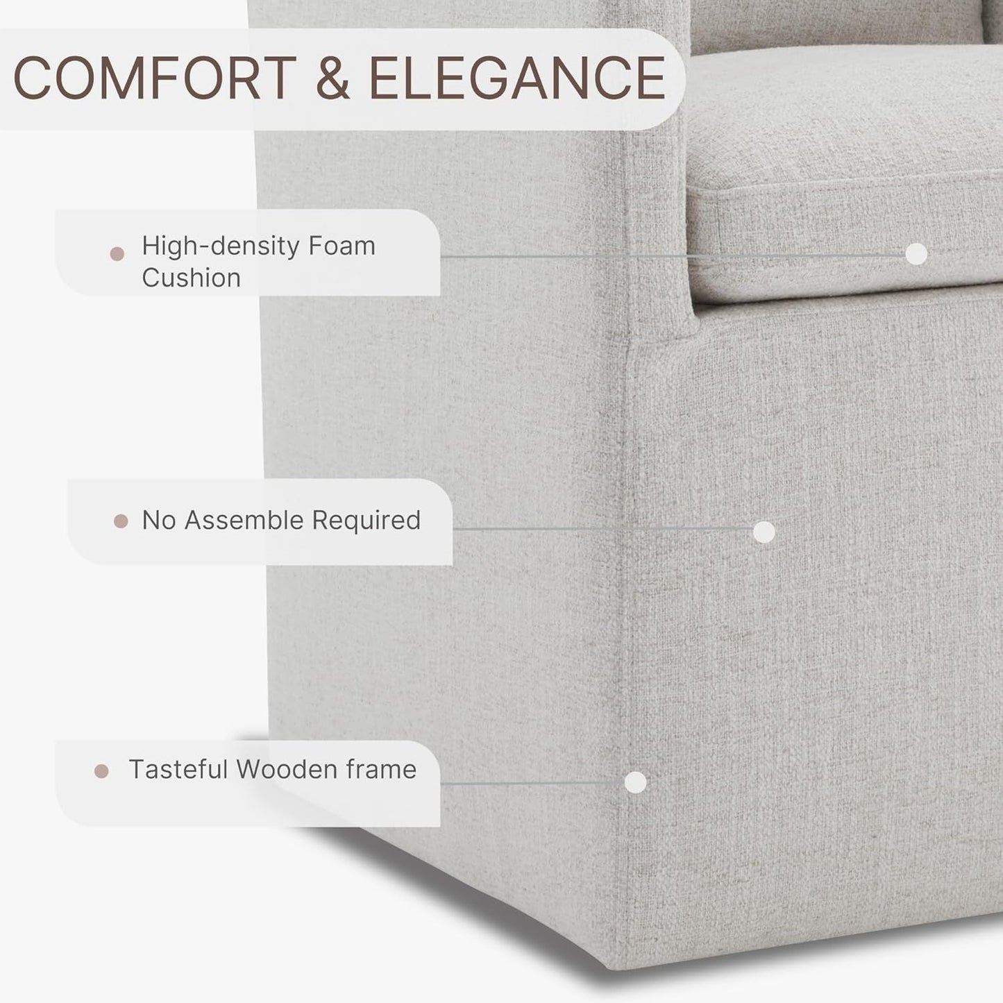 Upholstered Dining Chairs with Casters No Assembly Modern Accent Armchair with Rollers for Diningroom Bedroom Livingroom Reading Room,2 Pcs,Linen-4