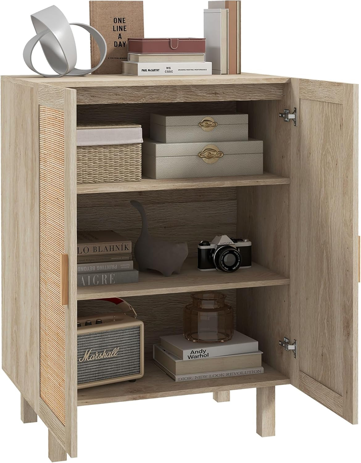 Sideboard Buffet Cabinet, Kitchen Cabinet, Coffee Bar Cabinet with 2 Rattan Doors and Adjustable Shelves, Natural-0