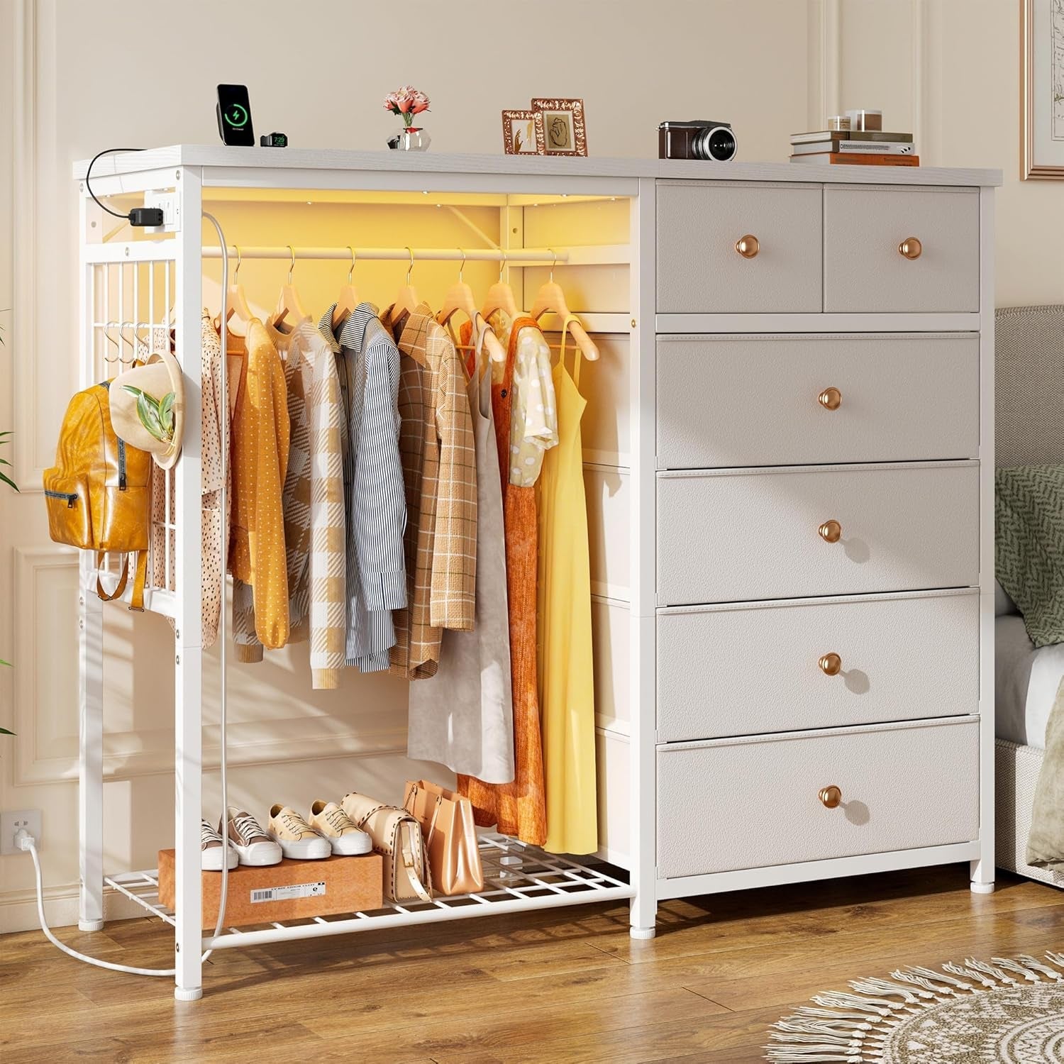 49.2" W White Dresser for Bedroom with Hanging Rack,6 Drawer Dresser with LED Lights & Charging Station, Fabric Dressers & Chest of Drawer with Clothes Rack, Wooden Top, Grid Panel, Closet-0