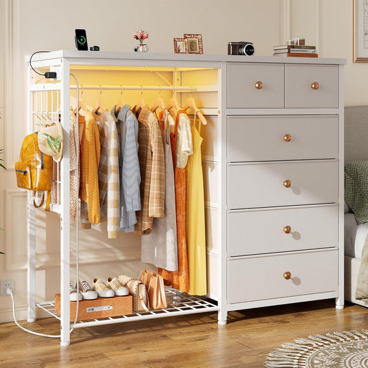 49.2" W White Dresser for Bedroom with Hanging Rack,6 Drawer Dresser with LED Lights & Charging Station, Fabric Dressers & Chest of Drawer with Clothes Rack, Wooden Top, Grid Panel, Closet-0