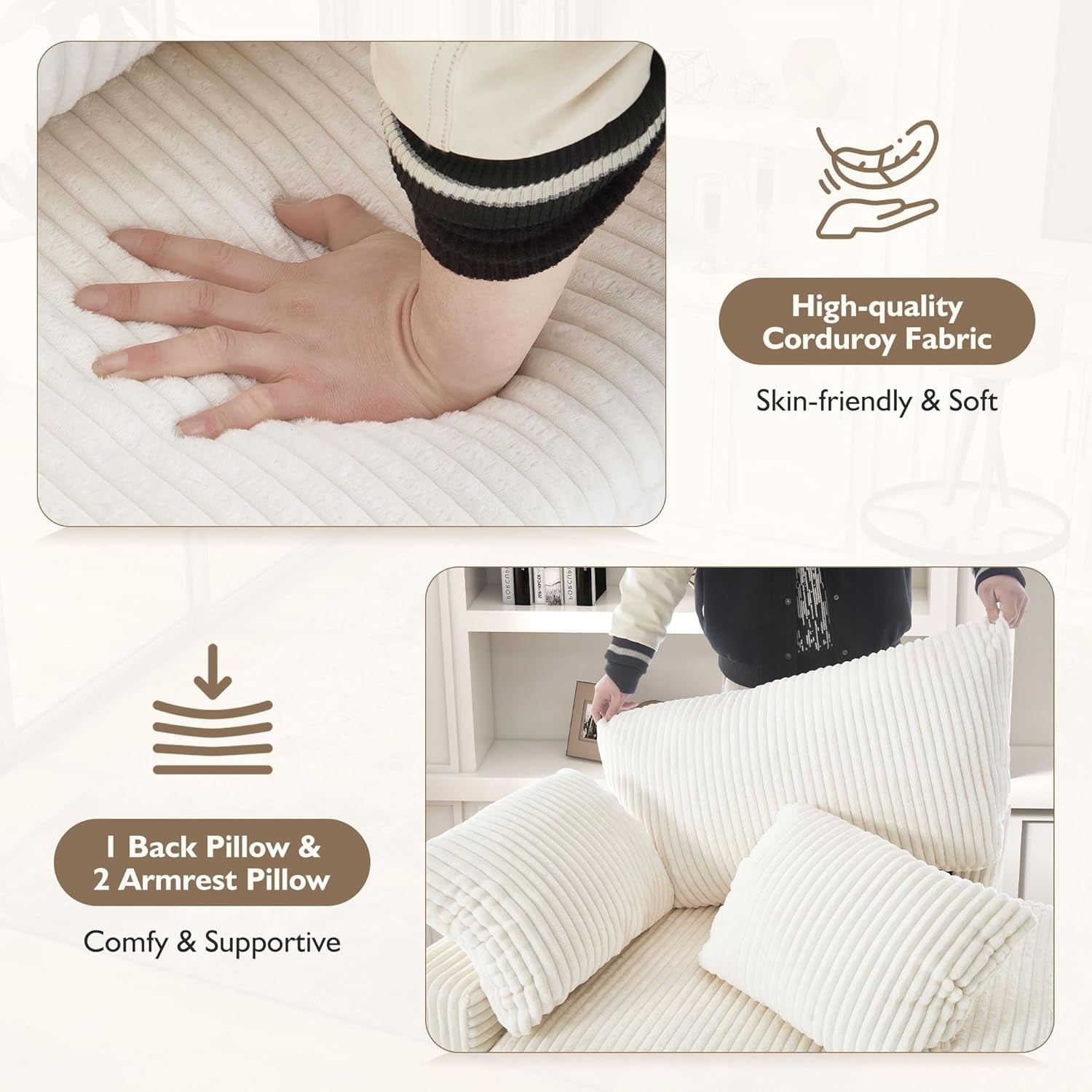 Chaise Lounge Chair Indoor with Ottoman, 57.52 "D Oversized Sleeper Chair, Corduroy Upholstered Comfy Sofa for Bedroom, Living Room, Office(Beige)-2