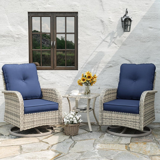 Patio Rocking Swivel Chair Outdoor Wicker Rattan Bistro Set with Tempered Glass Side Table, Outdoor Patio Furniture Set for Garden, Deck, and Balcony, Blue-0