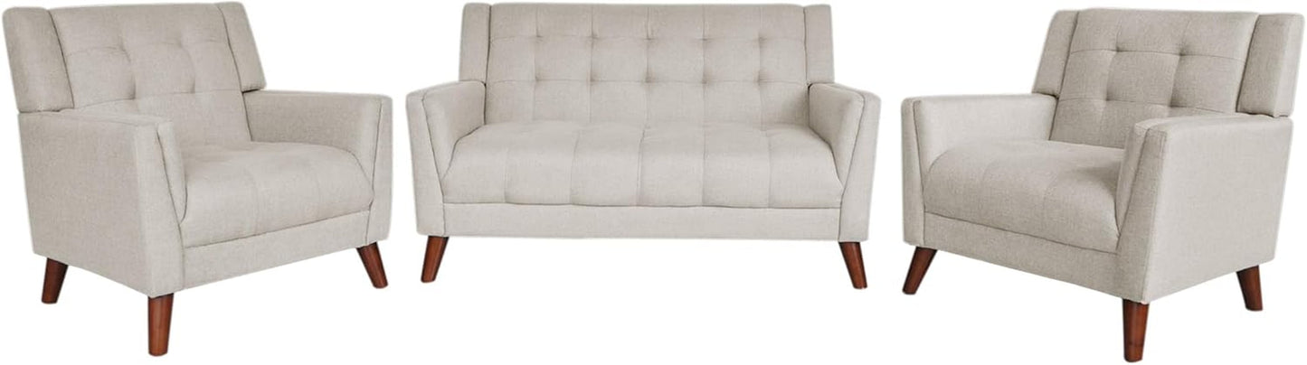 Evelyn Mid Century Modern Fabric Arm Chair and Loveseat Set, Beige, Walnut-0