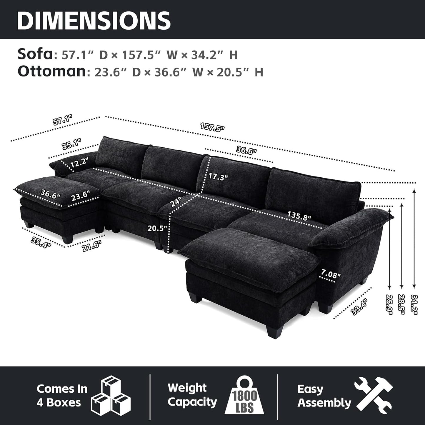 Modular Sectional Sofa Comfy Cloud Couch, U Shaped 4 Deep Seat Sofa Couch with 2 Ottoman, 157" Oversized Soft Modern Couches Set for Living Room, Chenille, Black, MT001-1