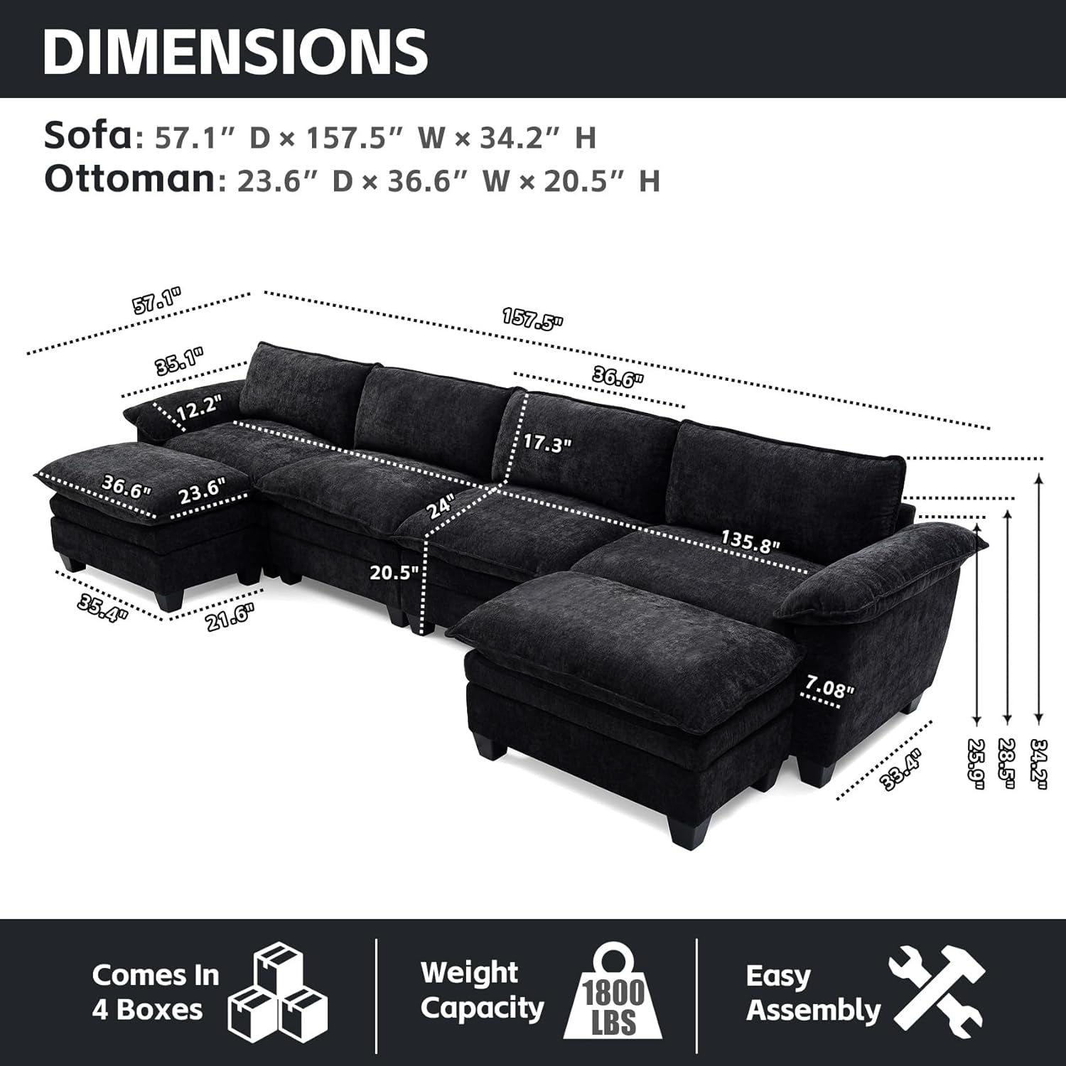 Modular Sectional Sofa Comfy Cloud Couch, U Shaped 4 Deep Seat Sofa Couch with 2 Ottoman, 157" Oversized Soft Modern Couches Set for Living Room, Chenille, Black, MT001-1