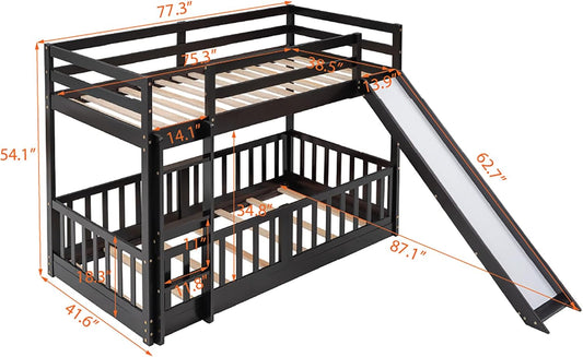Twin over Twin Floor Bunk Bed with Slide and Ladder, Low Bunk Bed for Kids, Girls, Boys, Removable Fence, Bunk Bed with Slide, Espresso-1