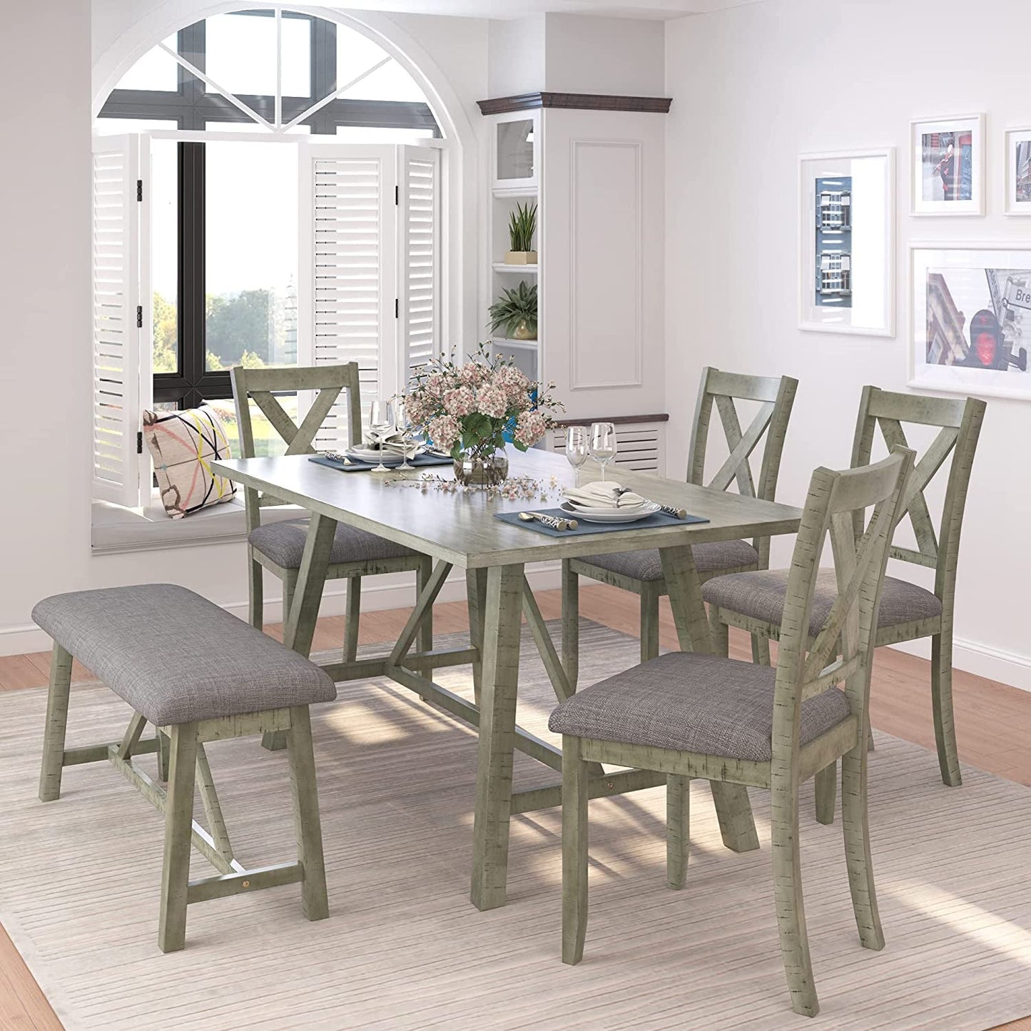 Rustic Gray Wooden 6-Piece Dining Table Set with Cushioned Chairs and Bench-0