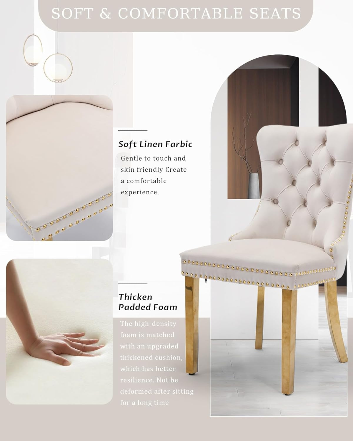 Velvet Dining Chair Set of 2 Upholstered Tufted Dining Room Chair with Nailhead Trim and Stainless Steel Gold Plated Legs for Kitchen, Restaurant, Beige-2