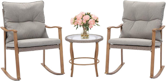 3-Piece Outdoor Rocking Chairs Bistro Set Wicker Patio Furniture Set Wood Arm Rest Patio Rockes Set W Warm Gray Cushions, Front Porch Rocking Chairs with Glass Coffee Table for Balcony,Garden-0