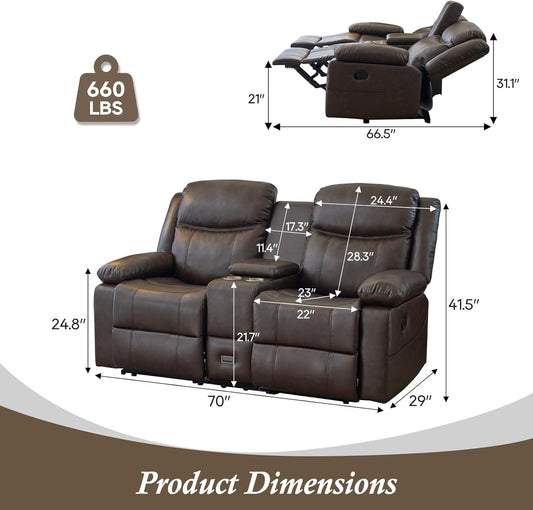 Loveseat Recliner, Reclining Loveseat with Console, Double Reclining Loveseat, 2 Seater Manual Reclining Couch for Living Room, Office, Home Theater(Pu-Brown)-1