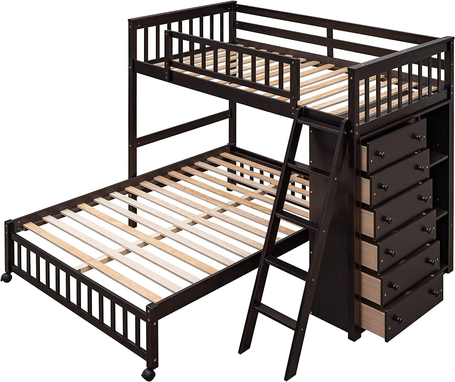 Twin over Full Bunk Beds with Six Drawers and Flexible Shelves,Wooden Bunk Beds with Storage and Removable Bottom Bed for Kids Girls Boys,No Box Spring Needed (Espresso)-4