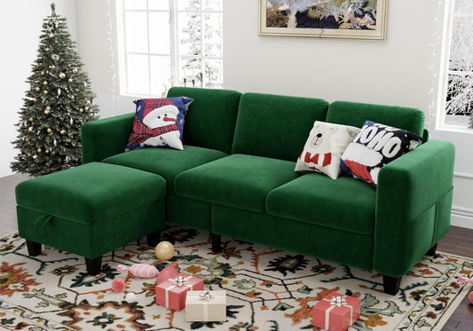 Sectional L-Shaped Sofa Couch, 78'' Modern Linen 3 Seat Couch with Storage Ottoman, Convertible Sectionals Sofas Chaise, Small Space Couches for Living Room, Bedroom, Apartment and Office (Green)-0