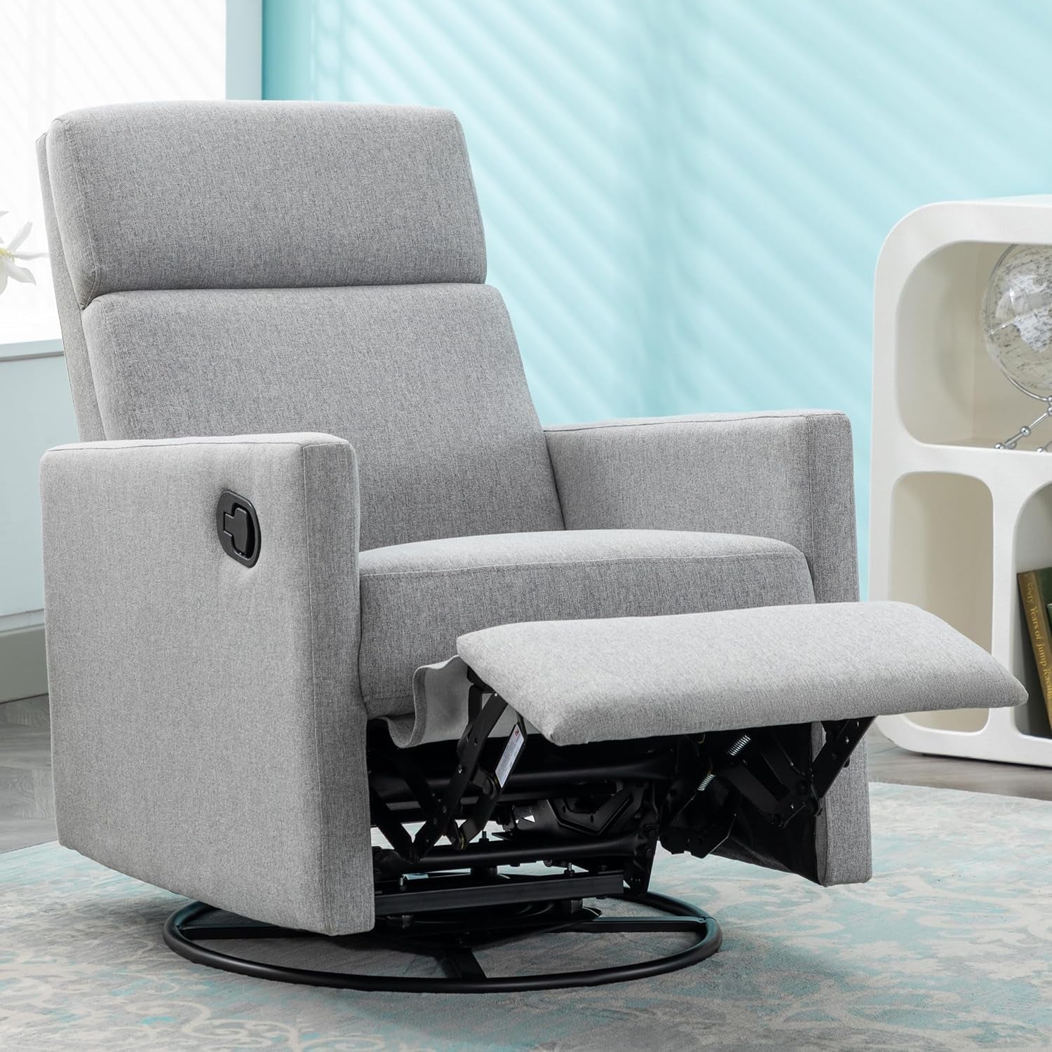 Modern Upholstered Manual Swivel Recliner Chair W/Headsupport Adjustable Nursery Glider Rocker for Living Room, Bedroom Gray-0