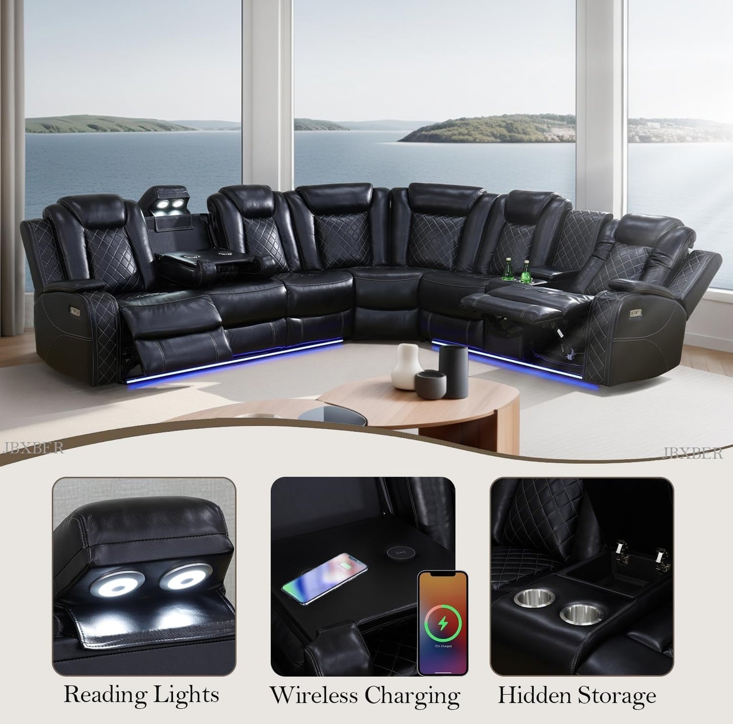 Power Recliner Sectional Sofa Set, Leather Sectional Sofa Sets for Living Room, Power Reclining Sectional Couch with Led Lights, Cup Holder, Wireless Charging, Hidden Storage, Black-2
