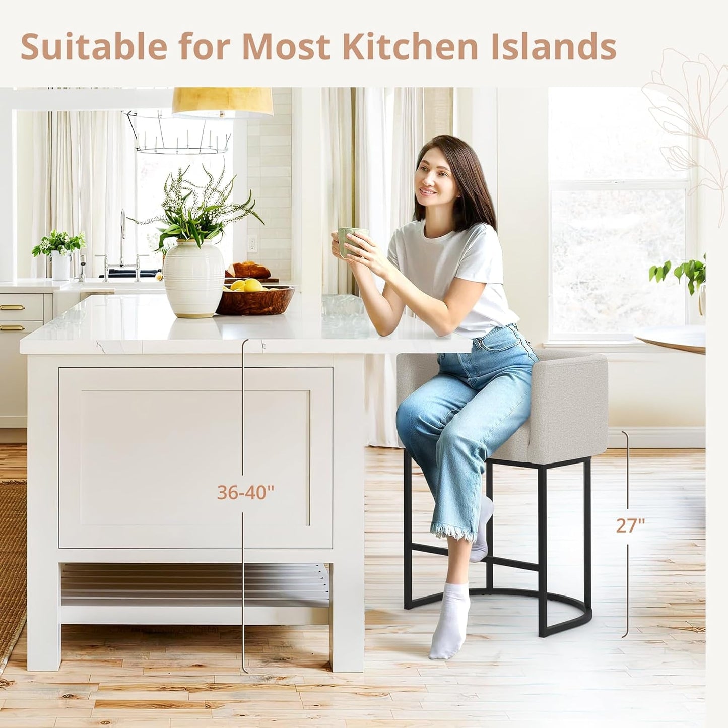 27" H Counter Height Bar Stools, Modern Barrel Counter Stools with Backrest and Arms, Black Metal Frames, Linen Fabric Upholstered Accent Barstools for Kitchen Island, Light Gray-2