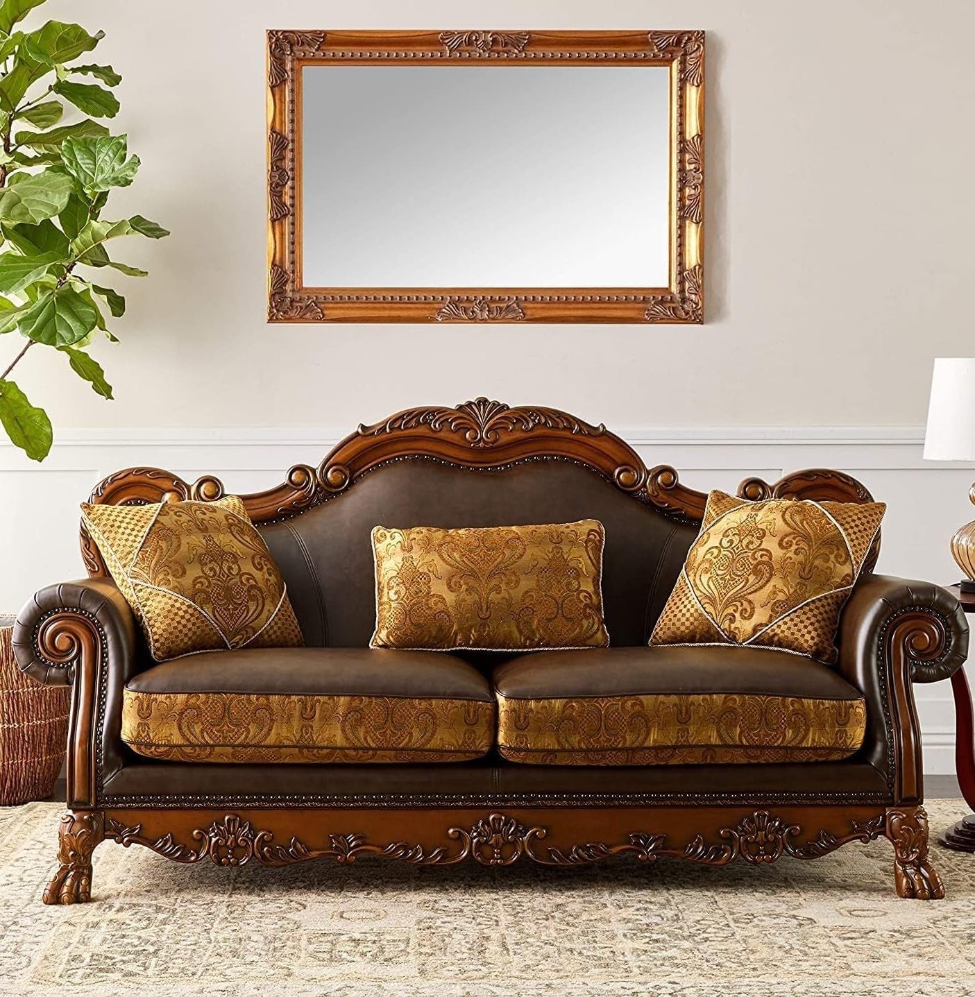 3-PS Living Room Set, Traditional Collection Including Sofa W/3 Pillows, Loveseat W/2 Pillows and Chair W/1 Pillow, Cherry Oak, Vintage/Victorian-1